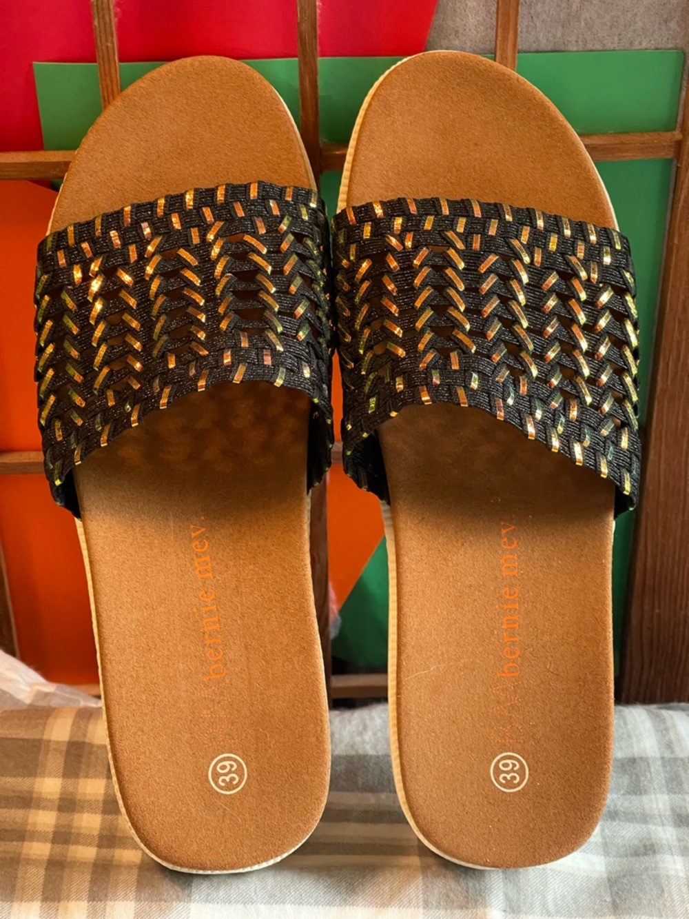 bernie mev. Black & Gold Braided Slide Sandals